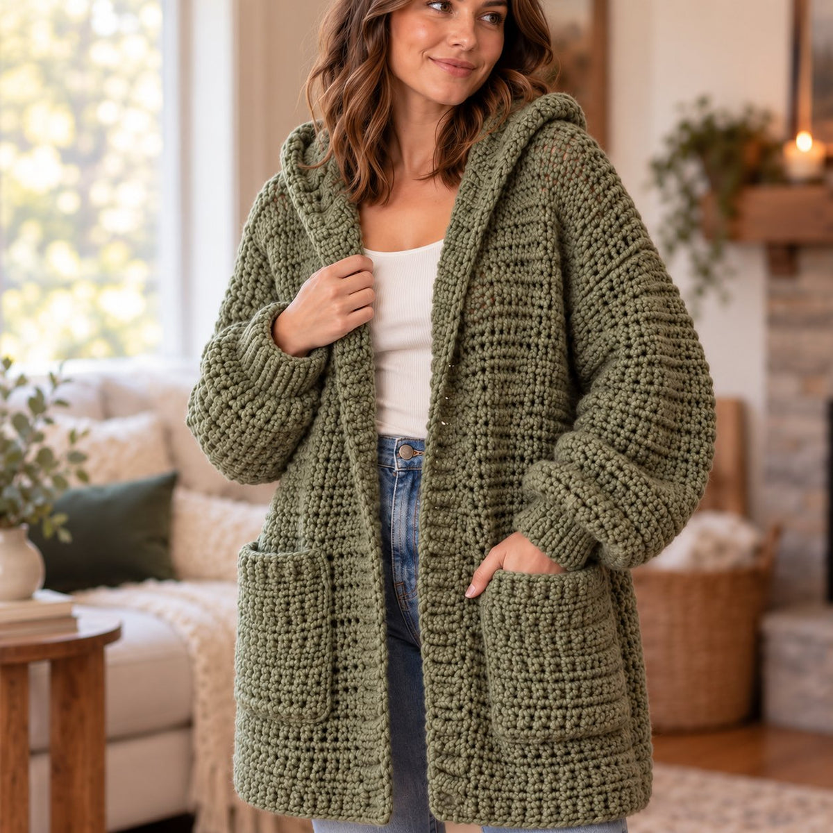 Crochet Hooded Cardigan Pattern PDF – Chunky Textured Oversized Pocket Sweater