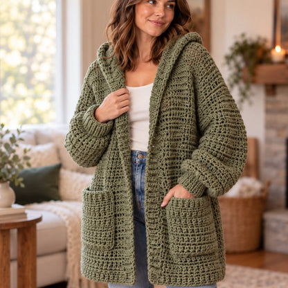 Crochet Hooded Cardigan Pattern PDF – Chunky Textured Oversized Pocket Sweater