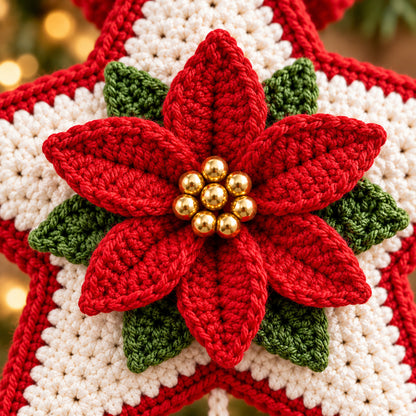 Christmas Hanging Star Ornament Crochet Pattern PDF – Poinsettia & Holiday Motifs
