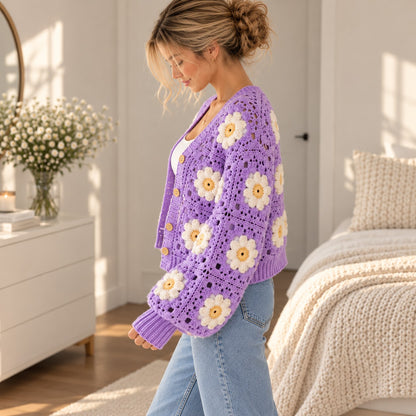 Lavender Daisy Granny Square Cardigan Crochet Pattern PDF – XS–5XL
