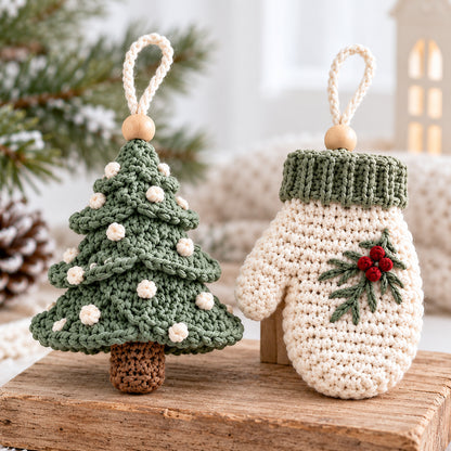 5 Christmas Ornament Crochet Patterns PDF – Snowflake, Tree, Star, Mitten & Ice Skate