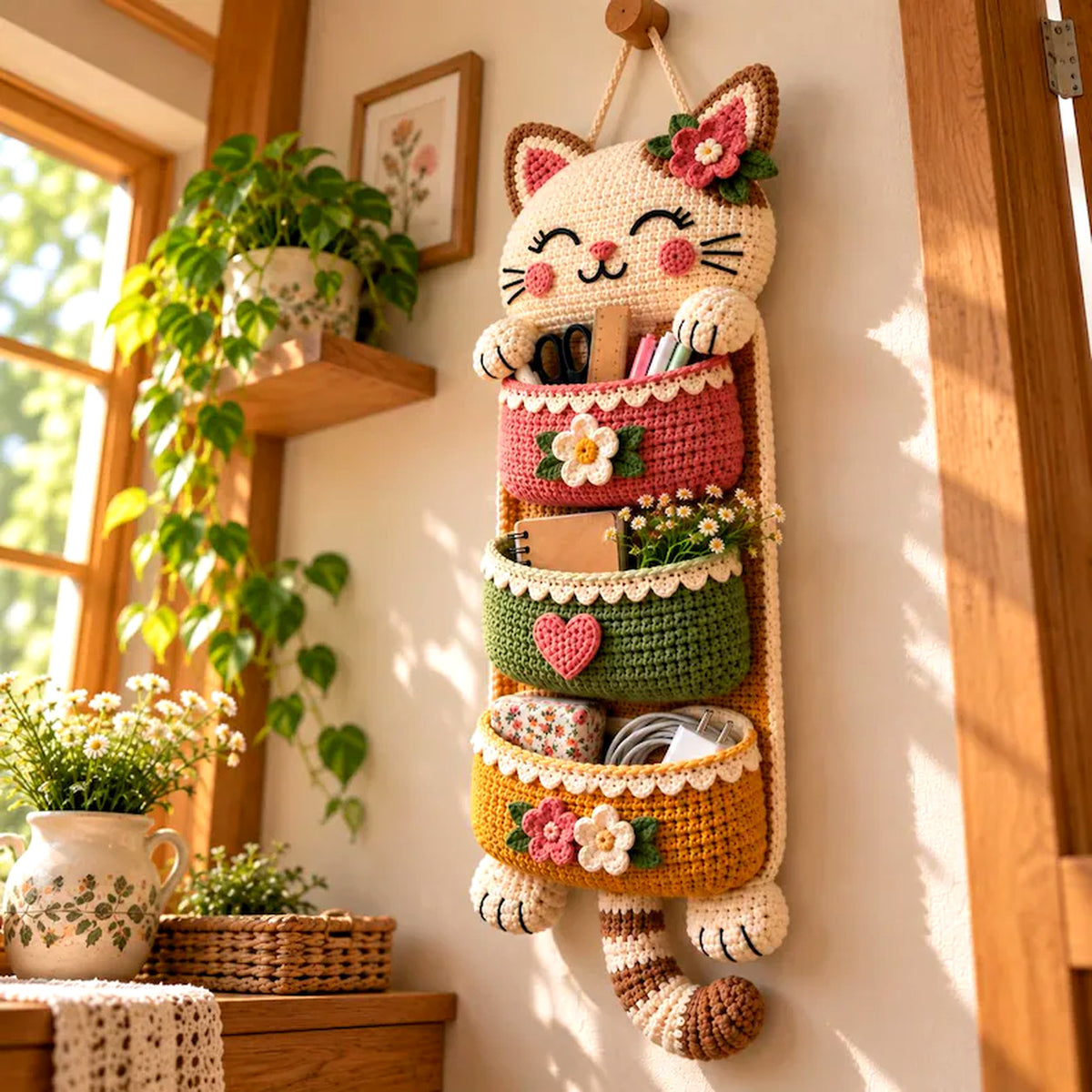 Crochet Cat Wall Organizer Pattern PDF – 3 Pocket Hanging Storage