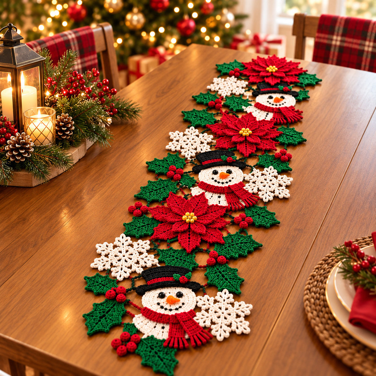 Christmas Table Runner Crochet Pattern PDF – Snowman, Poinsettia & Snowflake Decor