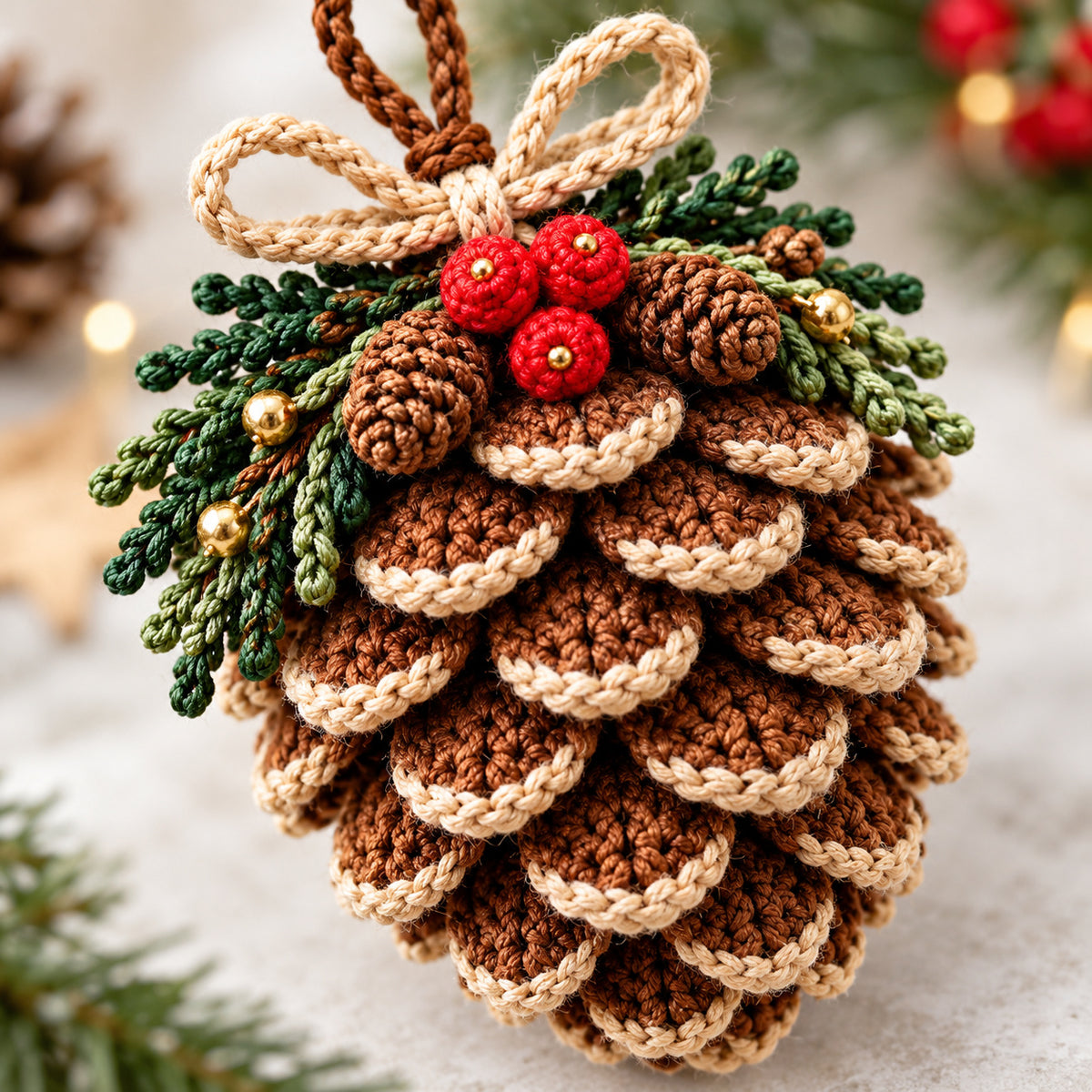 4 Christmas Ornament Crochet Patterns Bundle PDF – Pinecone, Spruce, Mistletoe & Holly