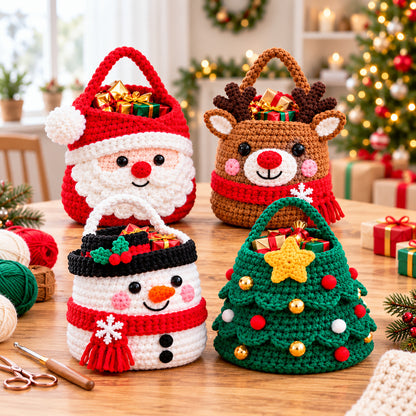 4 Christmas Gift Bag Crochet Patterns Bundle PDF – Santa, Reindeer, Snowman & Tree