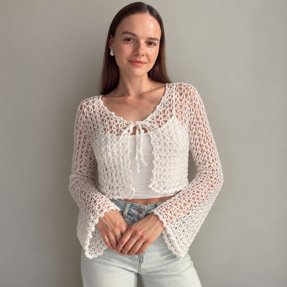 Angel Cardigan Crochet Pattern PDF – Made-to-Measure Sequin Mesh Tie Front