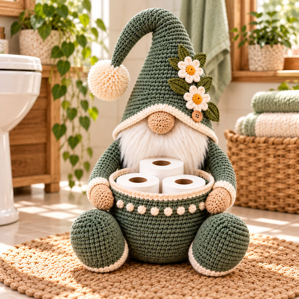 Gnome Toilet Paper Holder Crochet Pattern PDF – Bathroom Storage Basket