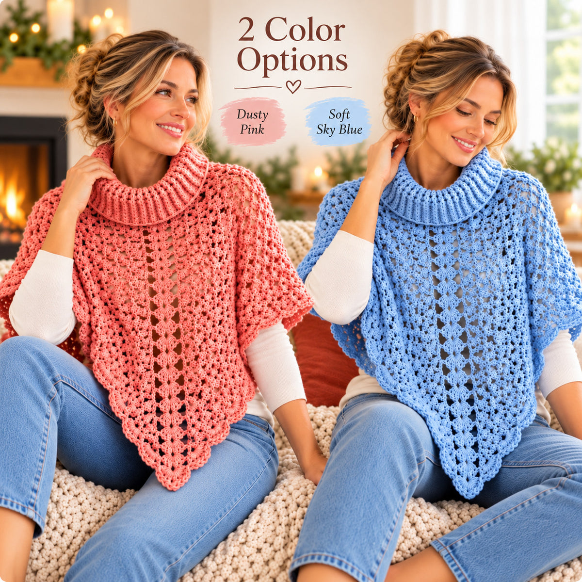 Turtleneck Poncho Crochet Pattern PDF – Cozy Lace Poncho with Pointed Hem