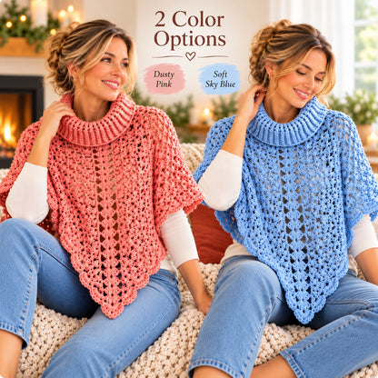 Turtleneck Poncho Crochet Pattern PDF – Cozy Lace Poncho with Pointed Hem