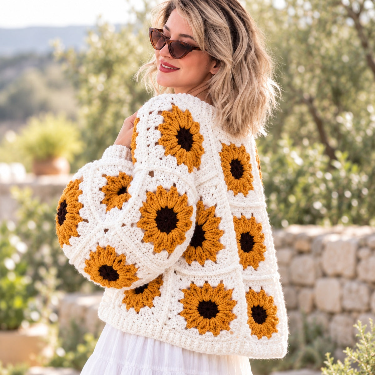 Sunflower Granny Square Cardigan Crochet Pattern PDF – Oversized Floral Jacket