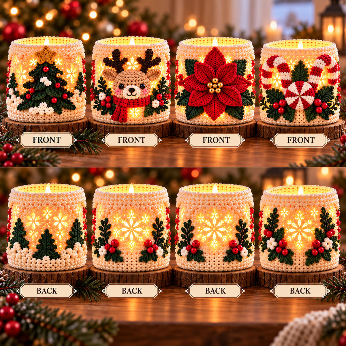 4 Christmas Luminary Crochet Patterns Bundle PDF – Reindeer, Tree, Poinsettia & Peppermint