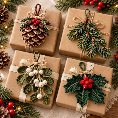 4-in-1 Christmas Botanical Ornament Crochet Pattern Bundle PDF – Pinecone, Spruce, Mistletoe & Holly