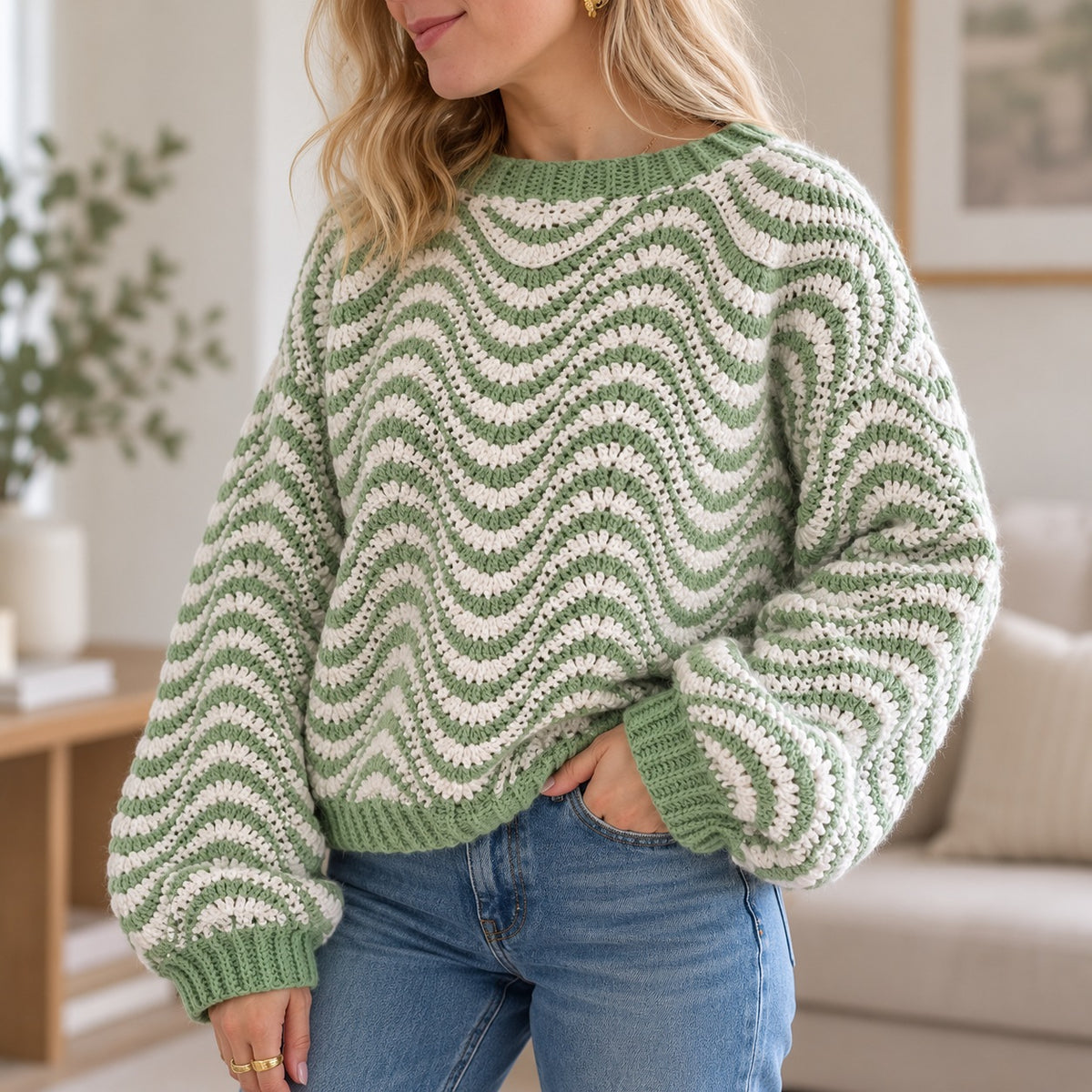 Wavy Striped Sweater Crochet Pattern PDF – Oversized Women’s Pullover