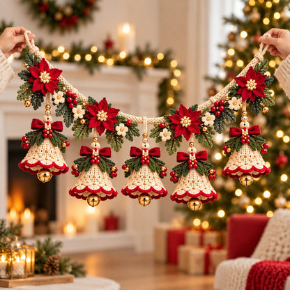 Christmas Bell Garland Crochet Pattern PDF – Poinsettia Holiday Decor