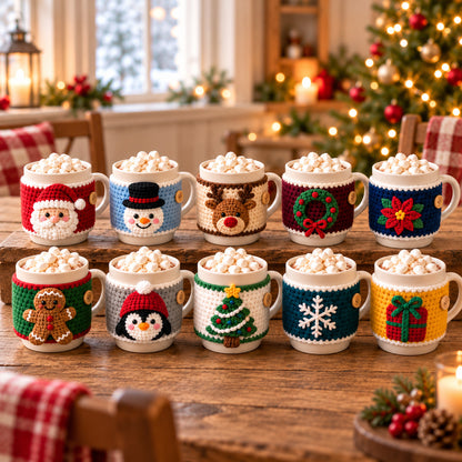 10 Christmas Mug Cozy Crochet Patterns Bundle PDF – Beginner Holiday Cup Covers