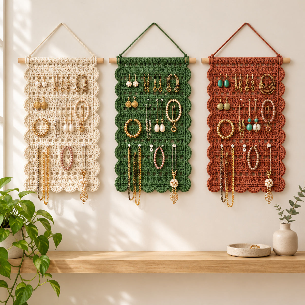 Crochet Jewellery Holder Pattern PDF – Boho Wall Hanging Organizer