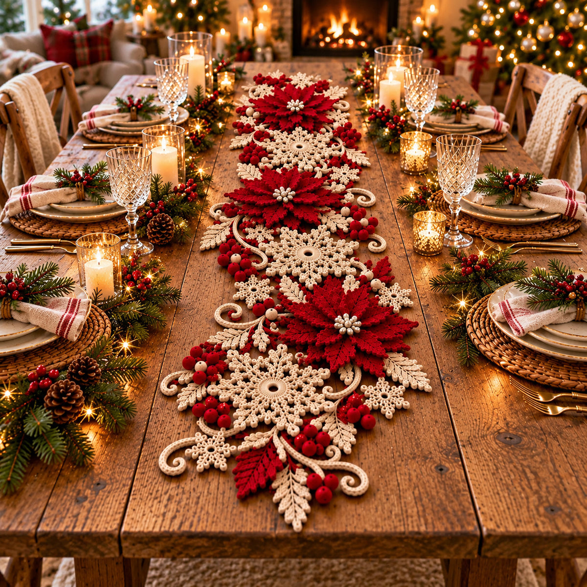 Poinsettia Snowflake Table Runner Crochet Pattern PDF – Christmas Table Decor
