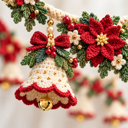 Christmas Bell Garland Crochet Pattern PDF – Poinsettia Holiday Decor