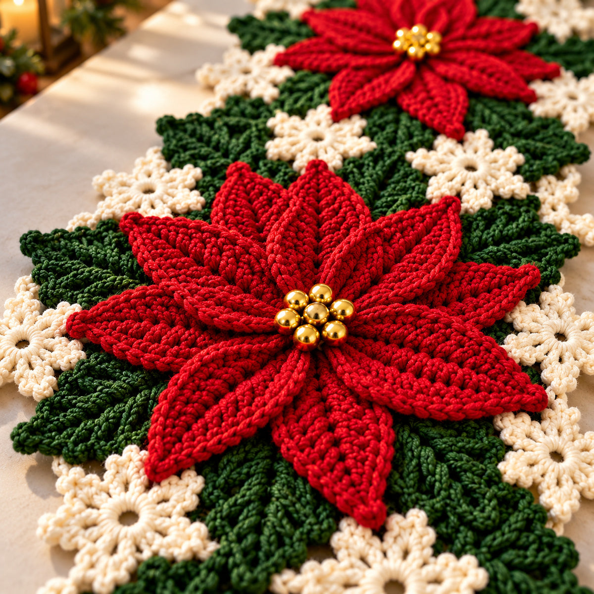 Poinsettia Table Runner Crochet Pattern PDF – Christmas Floral Table Decor