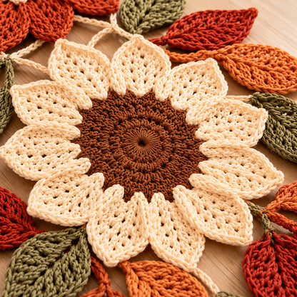 Crochet Table Runner Pattern PDF – Autumn Sunflower-Inspired Floral & Leaf Decor