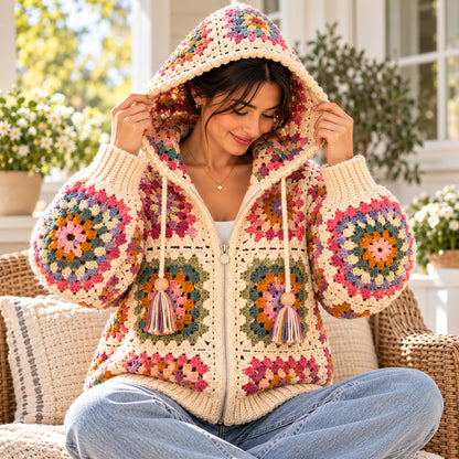 Granny Square Hooded Cardigan Crochet Pattern PDF – Zip Hoodie S–XL