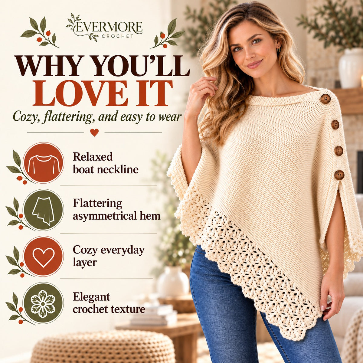 Uptown Poncho Crochet Pattern PDF – Easy Women’s Crochet Wrap with Button Detail & Lace Border