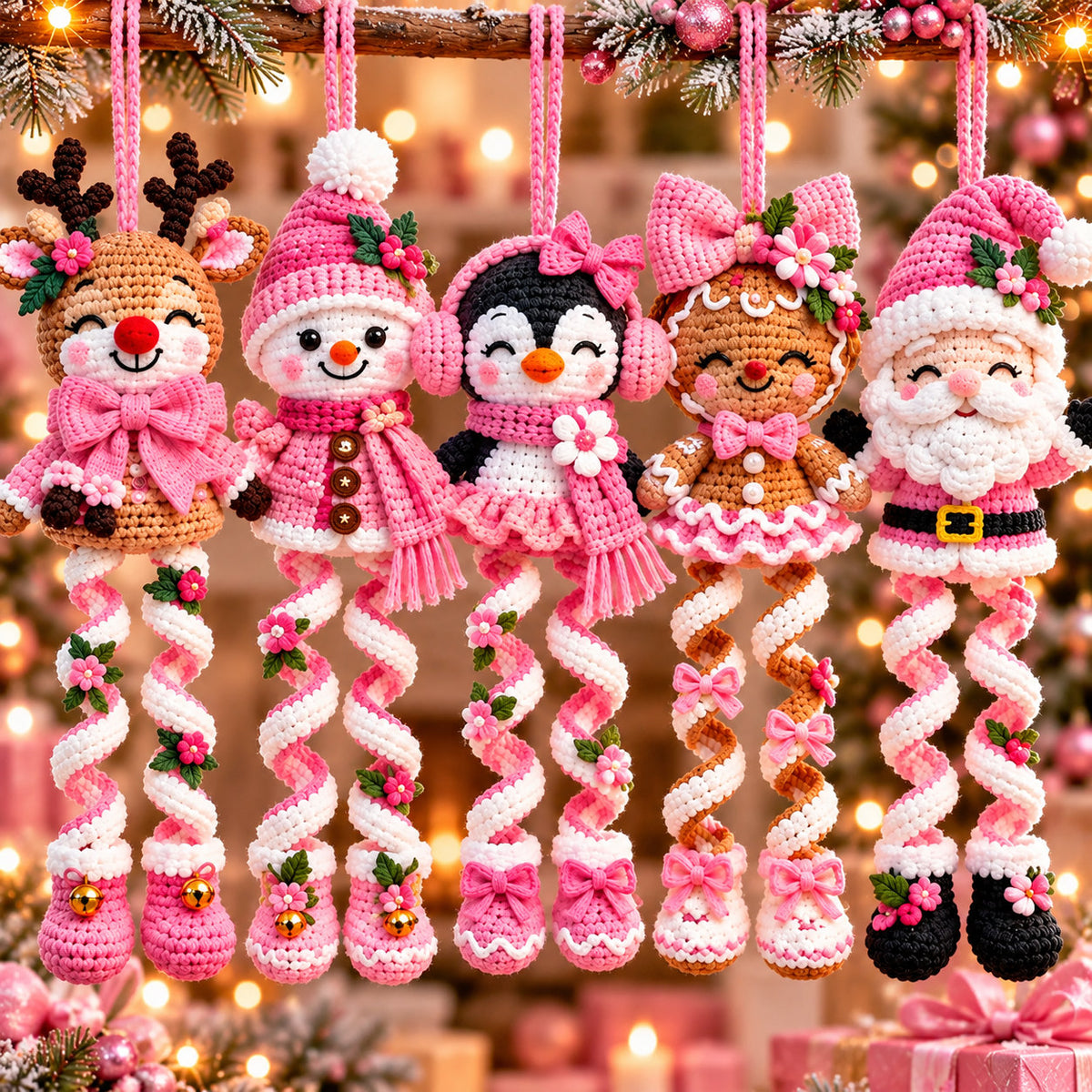 5 Christmas Spiral Ornament Crochet Patterns Bundle PDF – Reindeer, Snowman, Penguin, Gingerbread & Santa