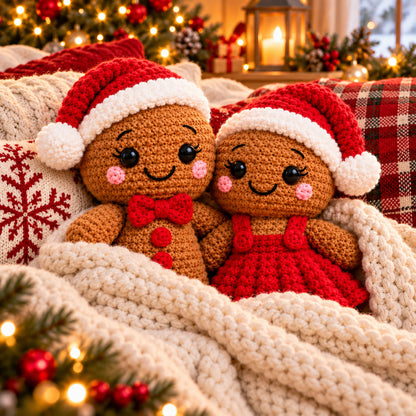 2 Gingerbread Christmas Doll Crochet Patterns PDF – Boy & Girl Santa Hat Couple