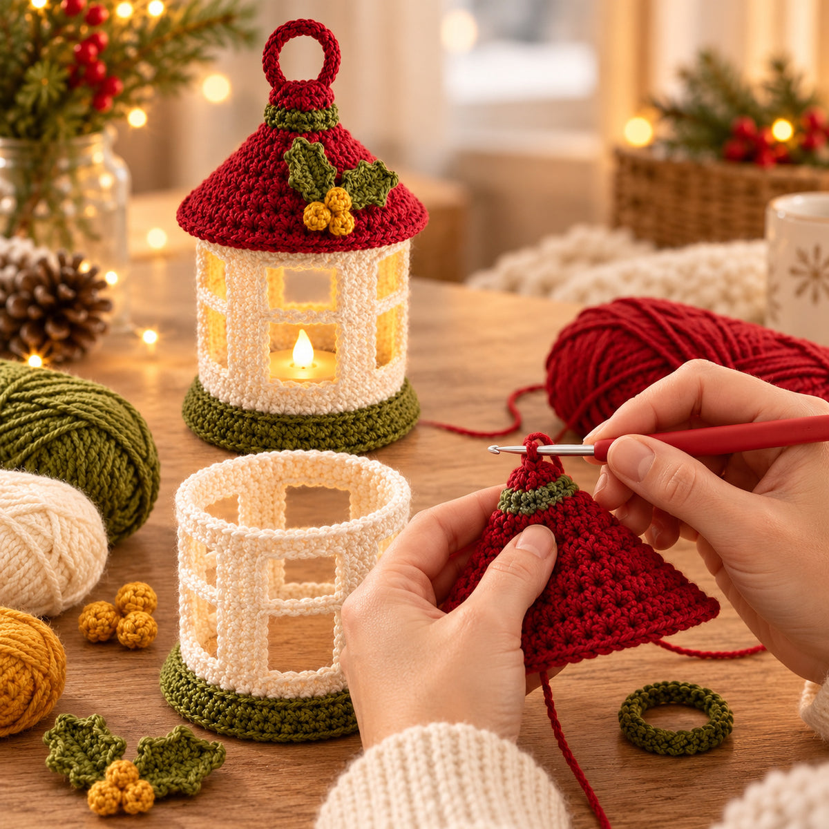 Mini Christmas Lantern Crochet Pattern PDF – LED Tealight Holder