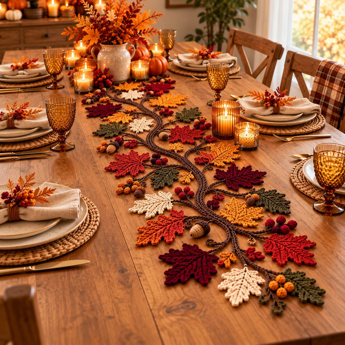 Autumn Leaf Crochet Table Runner Pattern PDF – Maple Leaves, Acorns & Vine