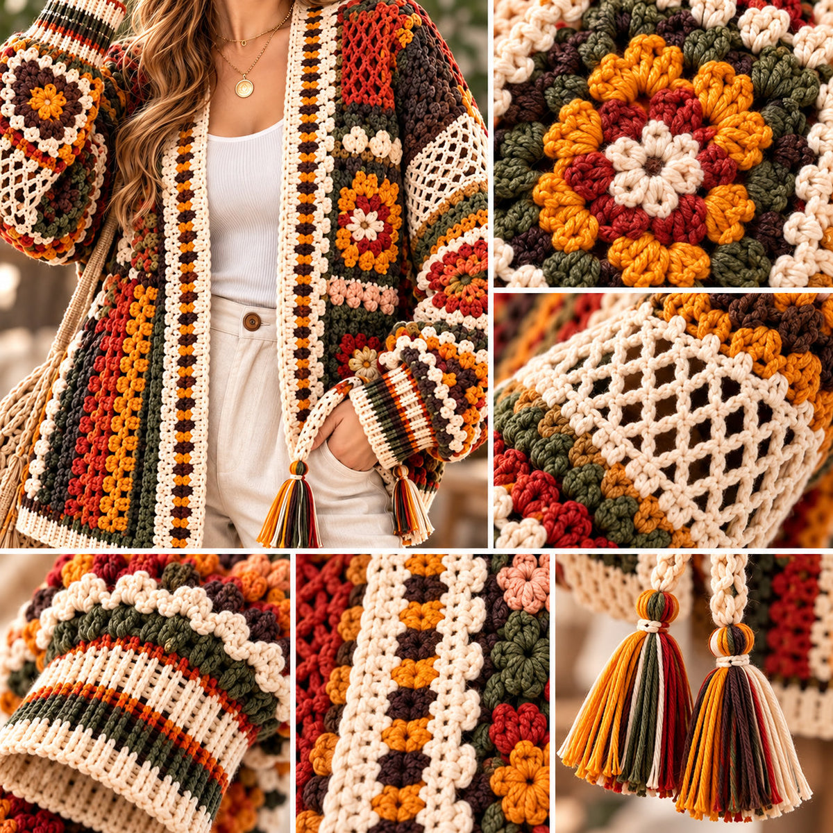 Boho Floral Granny Square Cardigan Crochet Pattern PDF – Lace & Tassel Jacket