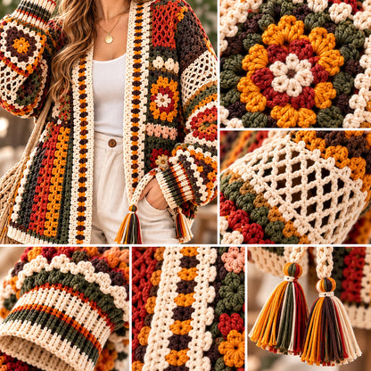 Boho Floral Granny Square Cardigan Crochet Pattern PDF – Lace & Tassel Jacket