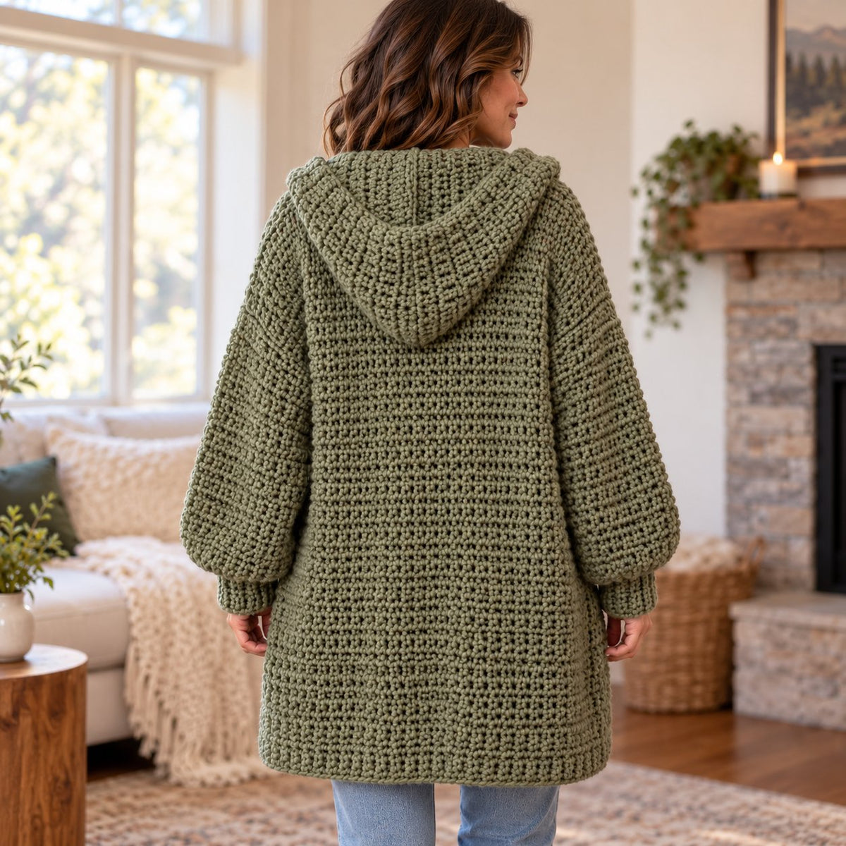 Crochet Hooded Cardigan Pattern PDF – Chunky Textured Oversized Pocket Sweater