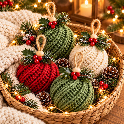 Crochet Christmas Ornament Pattern PDF – Twisted-Rib Bauble, Wooden Bead & Linen Bow