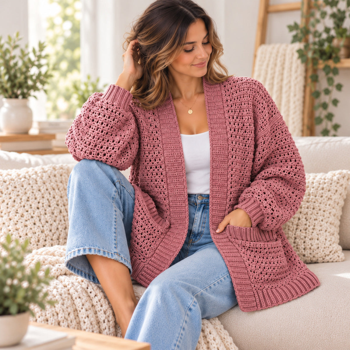 Willow Crochet Cardigan Pattern PDF – Open Front with Pockets, XS–3XL