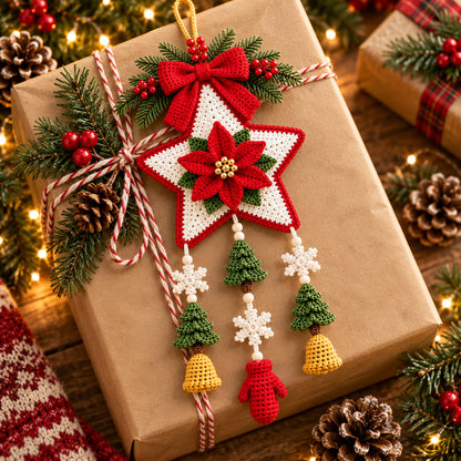 Christmas Hanging Star Ornament Crochet Pattern PDF – Poinsettia & Holiday Motifs
