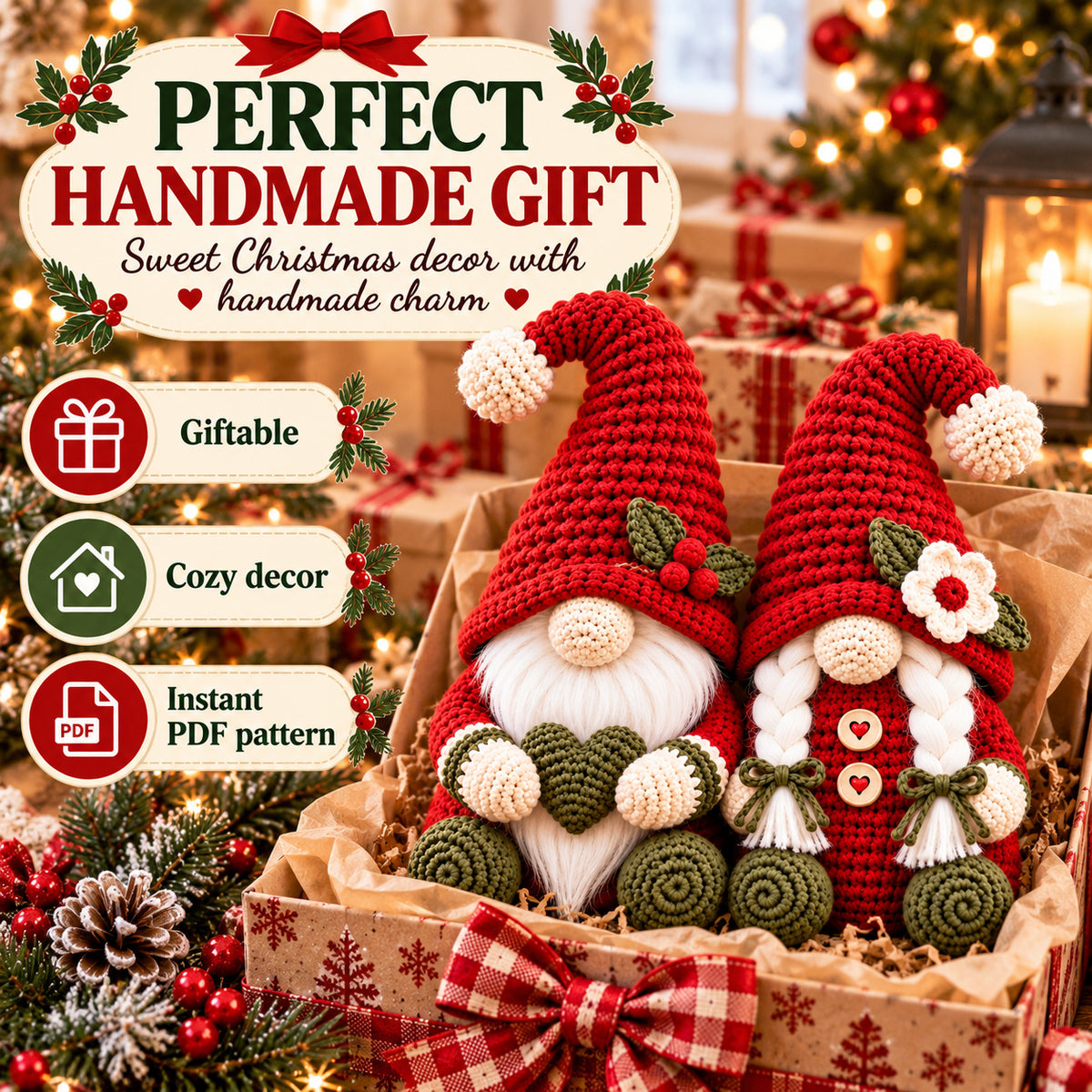 Christmas Gnome Couple Crochet Pattern PDF – Holiday Gnome Amigurumi Decor & Handmade Gift