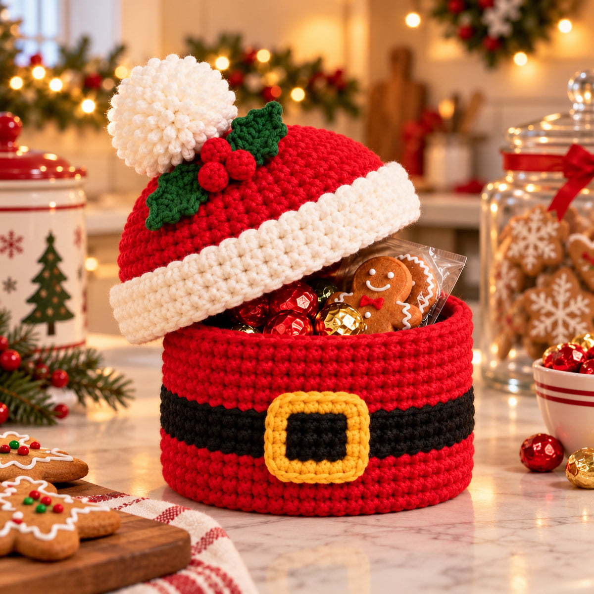 Crochet Santa Gift Basket Pattern PDF – Christmas Treat Basket with Hat Lid