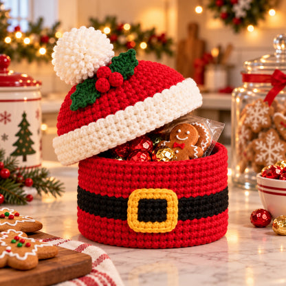 Crochet Santa Gift Basket Pattern PDF – Christmas Treat Basket with Hat Lid