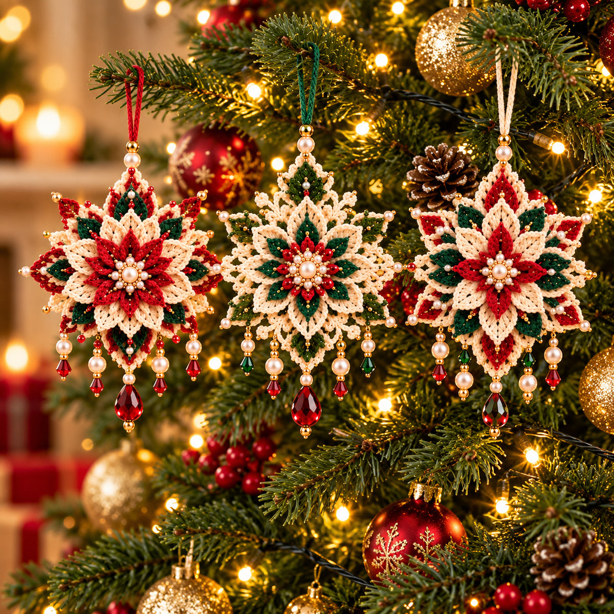 Poinsettia Crochet Ornament Pattern PDF – Set of 3 Beaded Christmas Flowers
