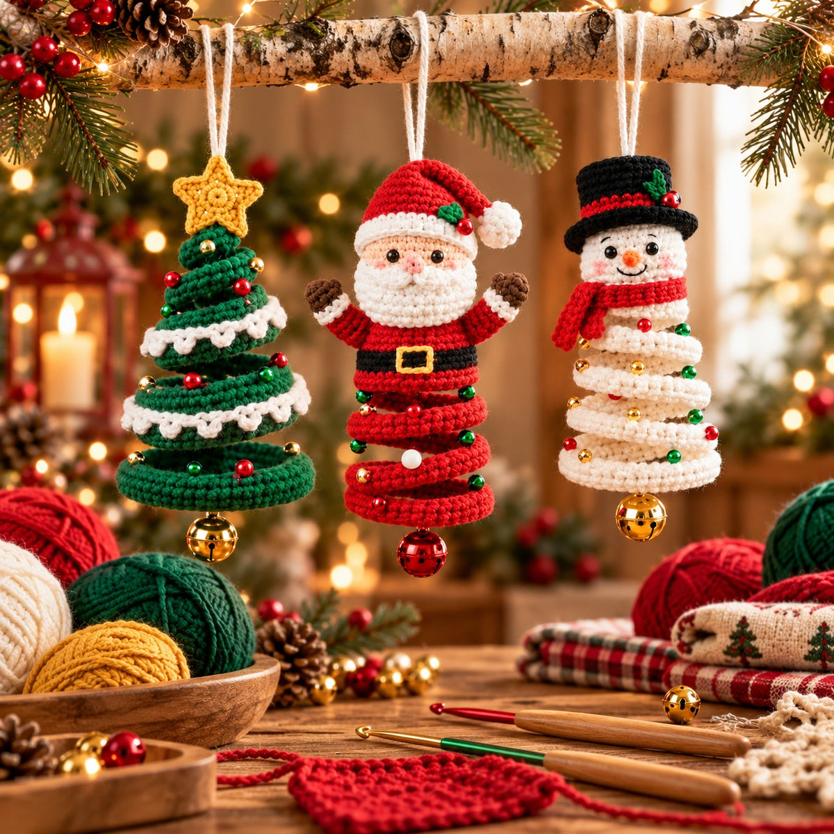 Crochet Christmas Ornament Set – Santa, Snowman & Tree Hanging Decor