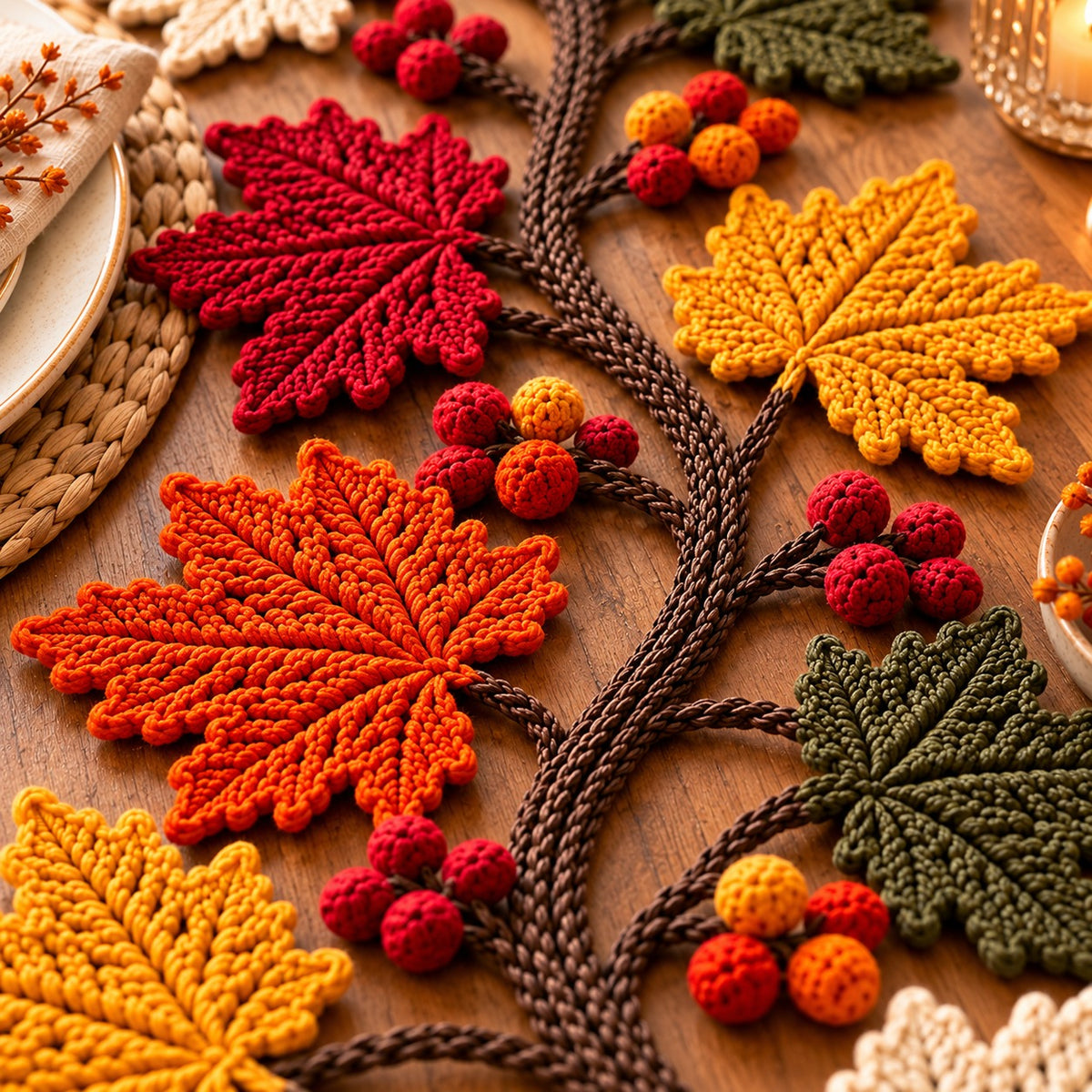 Autumn Maple Leaf Table Runner Crochet Pattern PDF – Fall Vine & Berry Decor