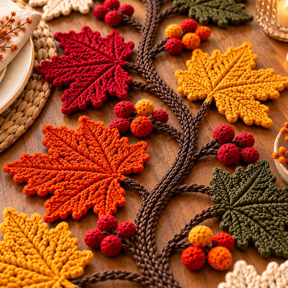 Autumn Maple Leaf Table Runner Crochet Pattern PDF – Fall Vine & Berry Decor