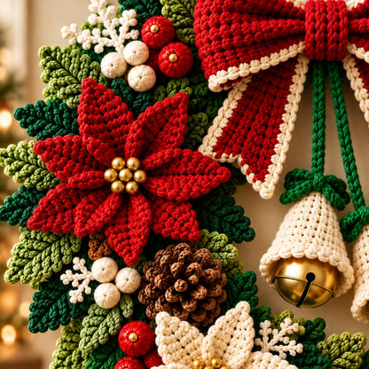 Crochet Christmas Wreath Pattern PDF – Poinsettia, Bow, Bells & Holiday Decor