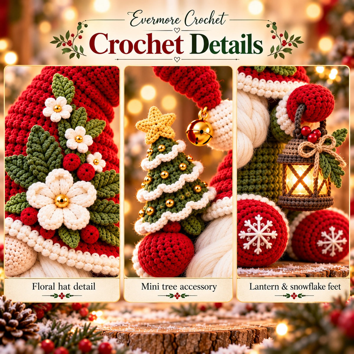 Christmas Gnome Crochet Pattern PDF – Lantern, Mini Tree & Flower Hat