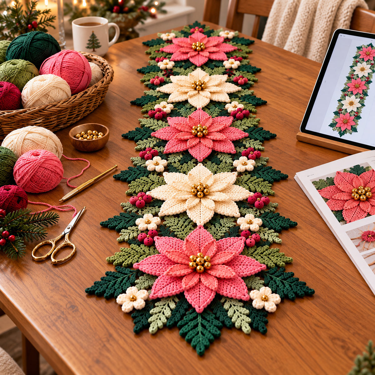 Christmas Poinsettia Table Runner Crochet Pattern PDF – Photo Tutorial