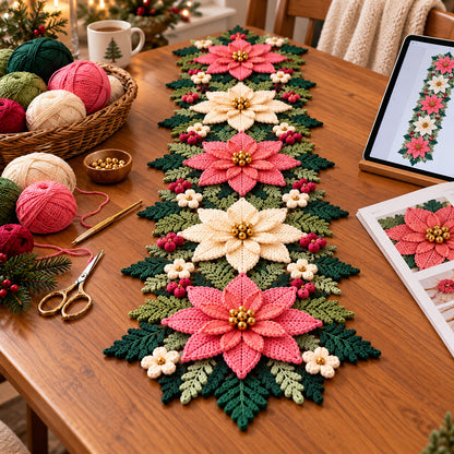 Christmas Poinsettia Table Runner Crochet Pattern PDF – Photo Tutorial