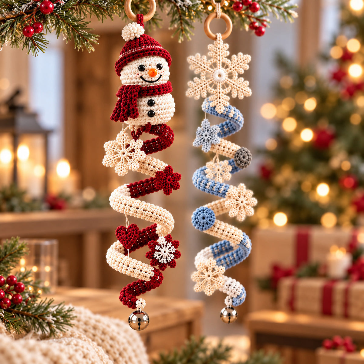 Crochet Winter Snowman Spiral Ornament Pattern PDF – Snowflakes & Bell