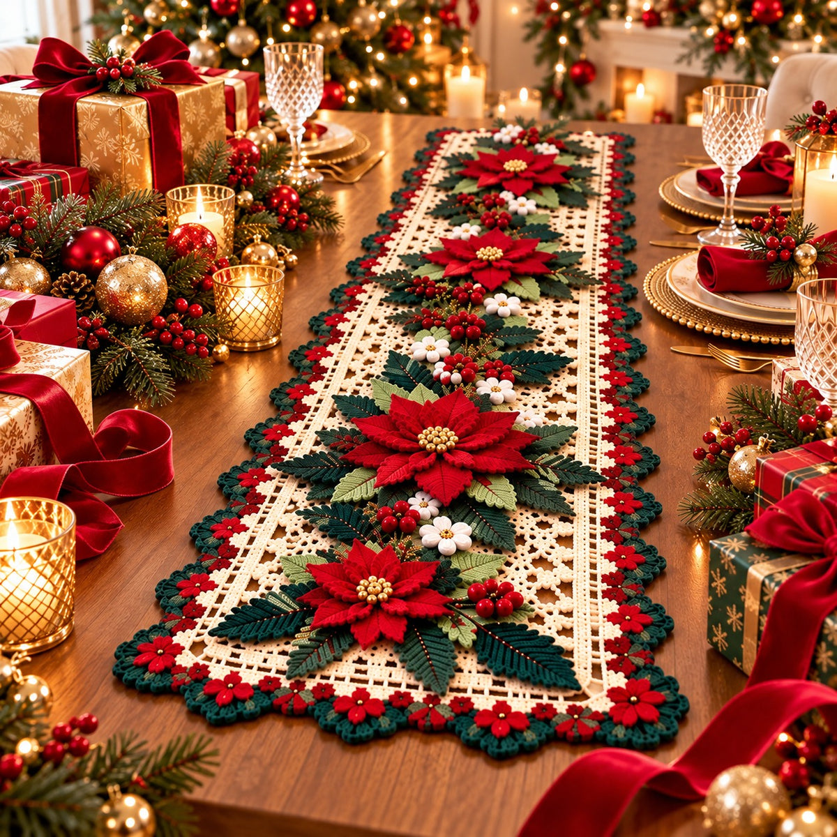 Crochet Poinsettia Table Runner Pattern – Dimensional Christmas Floral PDF