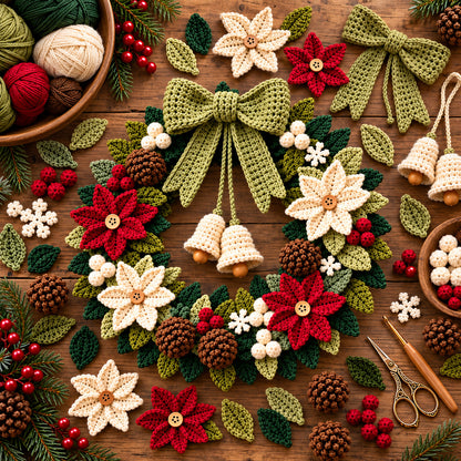Crochet Christmas Wreath Pattern PDF – Poinsettia Holiday Door Decor